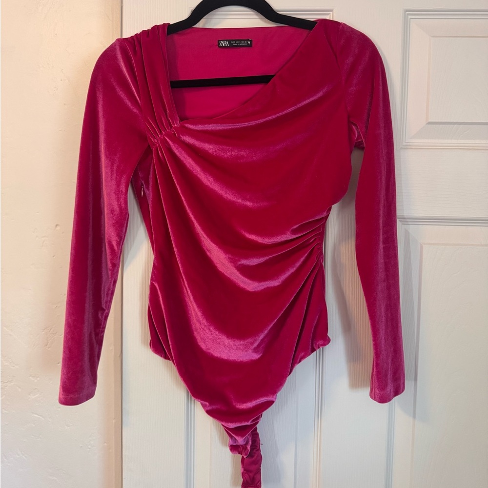 Zara Fuchsia Velvet Draped Bodysuit
